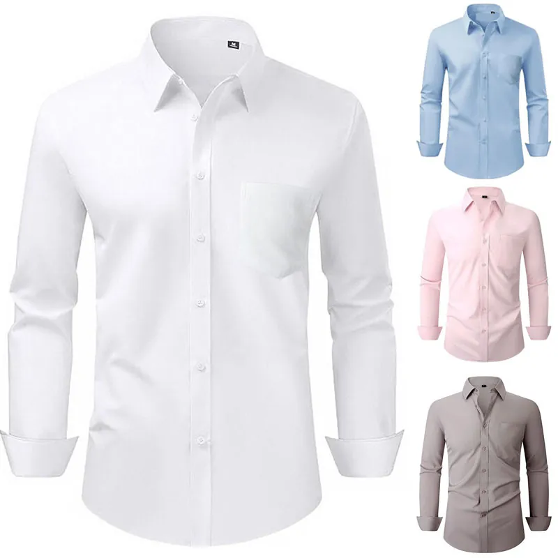 Haut à Manches Longues pour Hommes Business Décontracté Extensible Couleur Unie Chemise Formelle Travail Quotidien