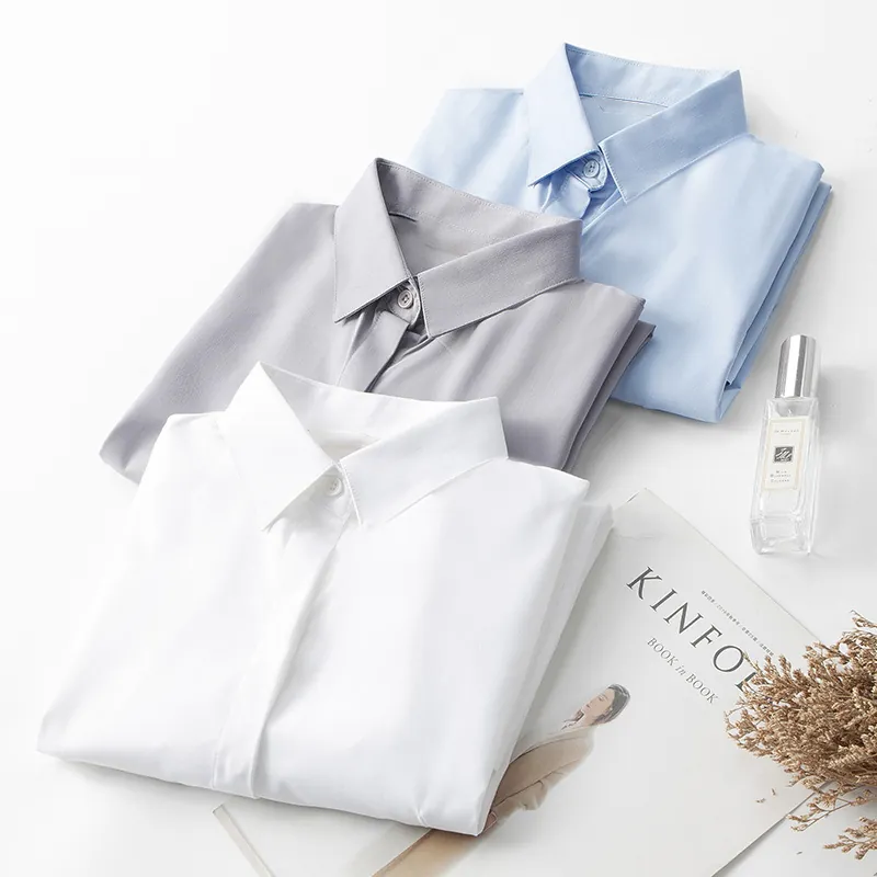 Women Modal Polyester Long Sleeve Shirt Blouse Professional Office Workwear Formal White Blue Solid Color Striped Top