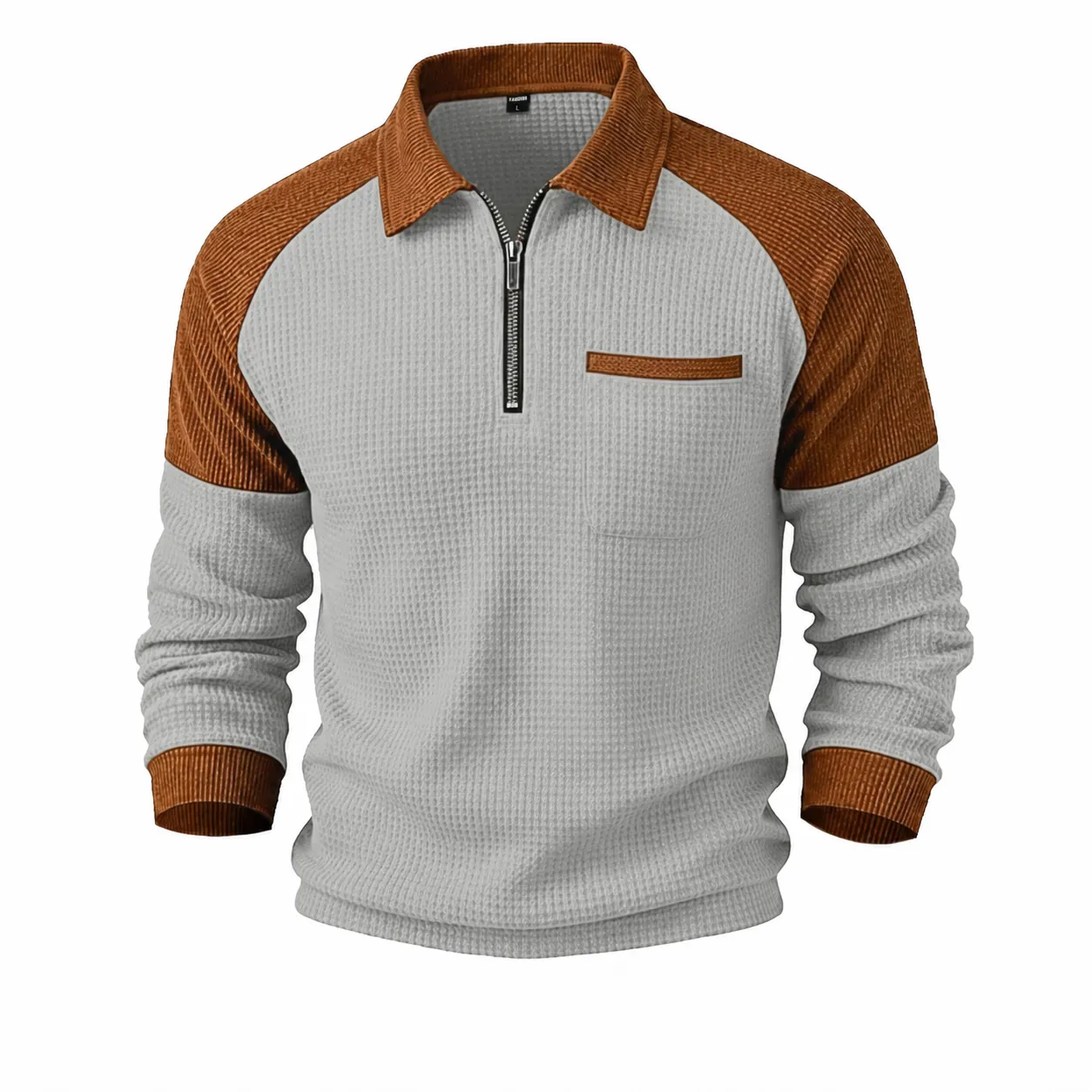 Men's Casual Waffle Knit Polyester Half-Zip Polo Shirt Long Sleeve Color Block Sweatshirt Top Urban Fashion Retro Clothing