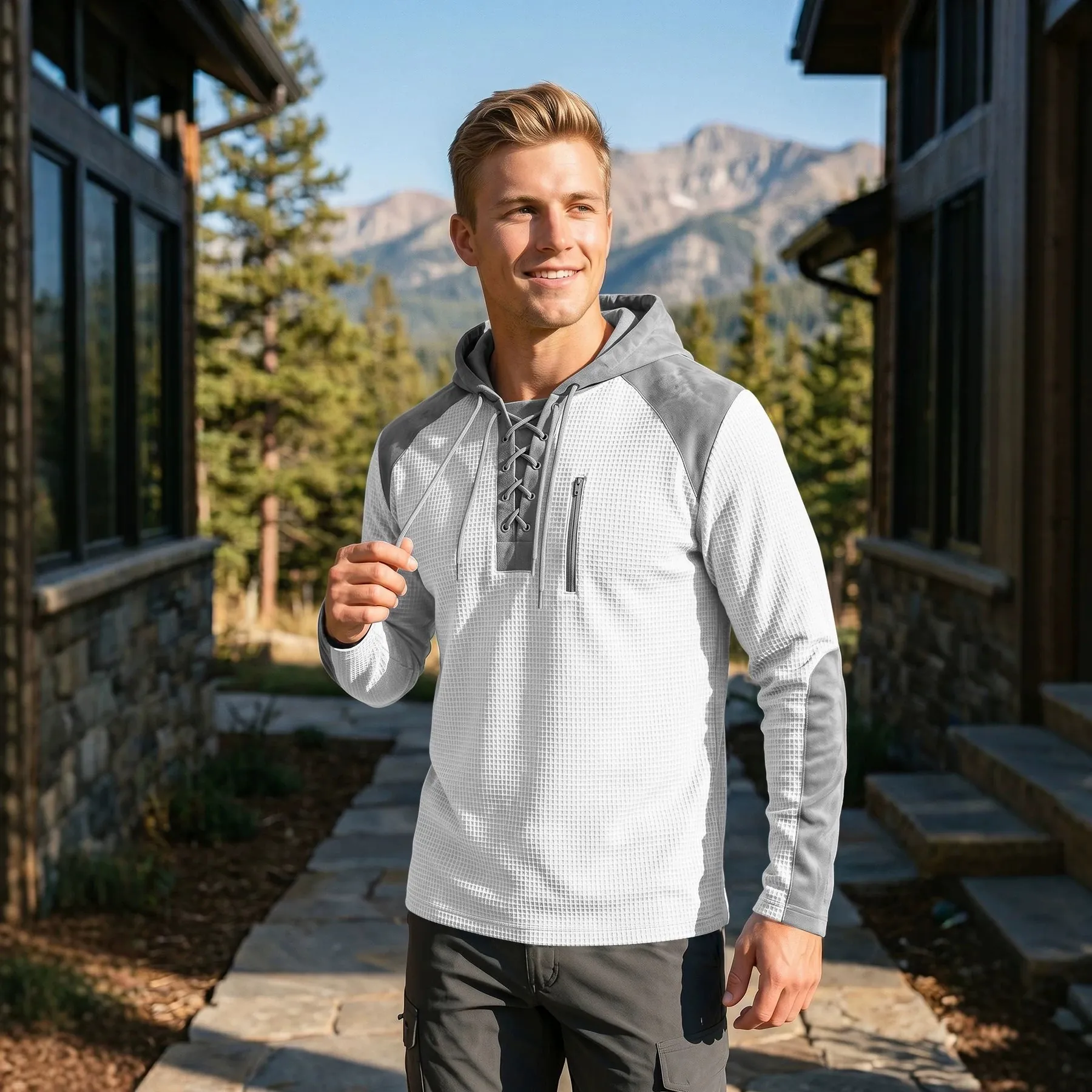 Men's Casual Waffle Knit Hoodie Color Block Long Sleeve Sweatshirt With Drawstring Hood And Zipper Pocket Outdoor Sport Top