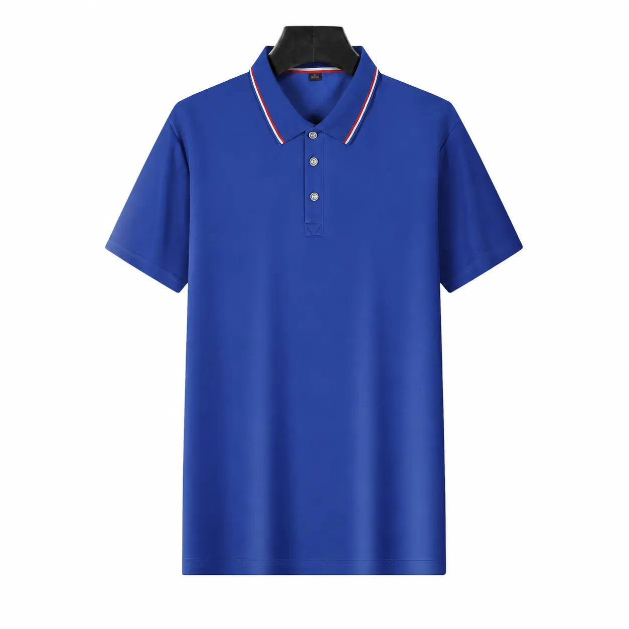 Men Casual Polyester Short Sleeve Polo Shirt Turnover Collar Contrast Stripe Knitted Breathable Top For Summer Daily Wear