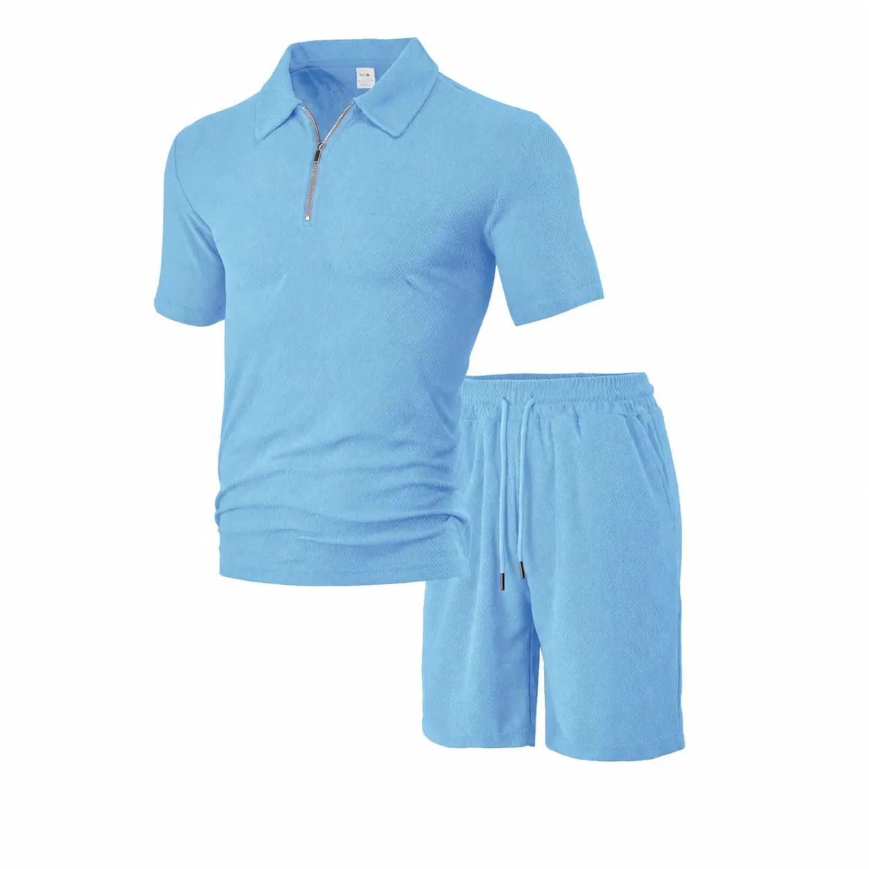 Heren Zomer Casual Jacquard Handdoekstof Top And Bottom Set Rits Polo Shirt En Trekkoord Shorts Outfits Sportpakken