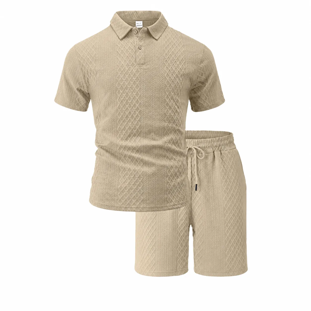 Men Casual Texture Jacquard Polo Shirt and Shorts Breathable Sportswear Short Sleeve Top And Bottom Fashion Outfit