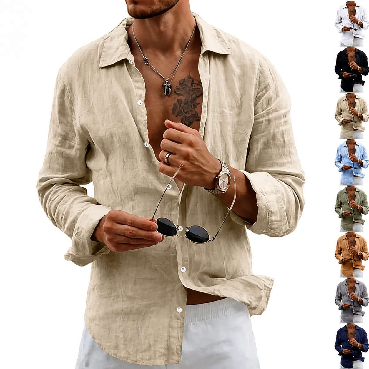 Men's Casual Linen Long Sleeve Shirt Loose Breathable Vintage Button Down Lapel Shirt Summer Beach Holiday Solid Color Top