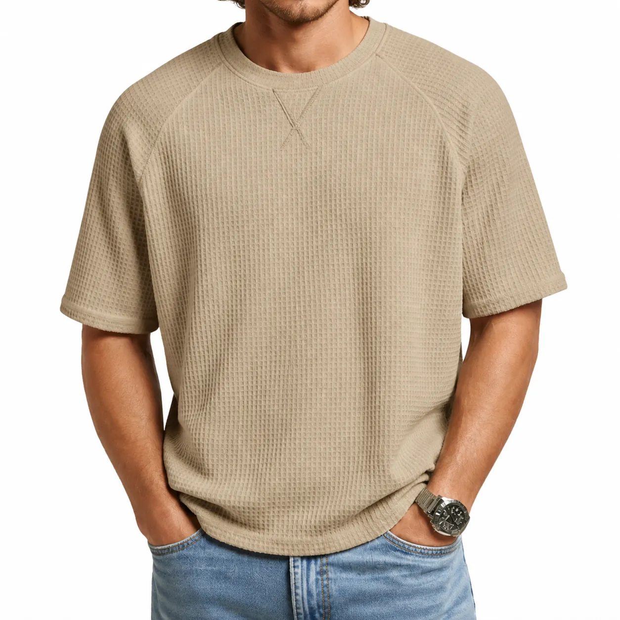 Camiseta de Manga Corta de Punto de Gofre para Hombre Manga Ranglán Cuello Redondo Jersey Color Sólido Casual Deportivo