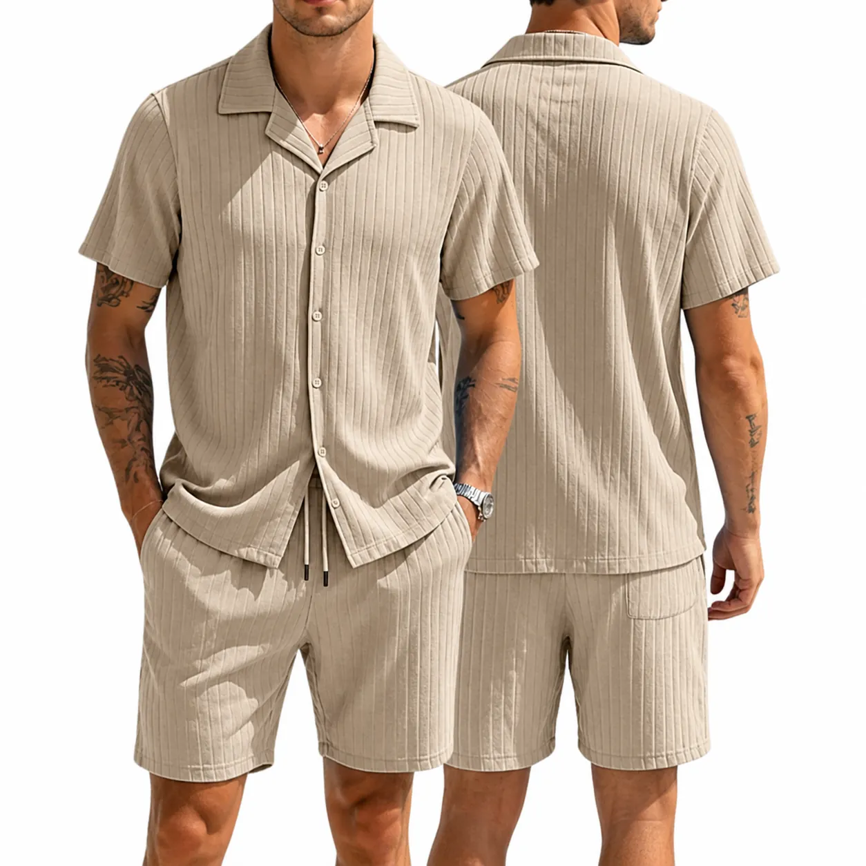 Men's Casual Vertical Striped Knitted Short Sleeve Shirt and Shorts Top And Bottom Set American Style Breathable Vacation Wear