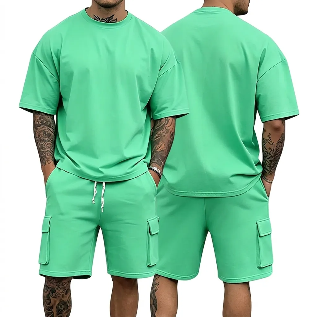 Men's Casual Summer Sportswear Top And Bottom Oversized Short Sleeve T-Shirt And Cargo Shorts Set Solid Color Polyester Outfit