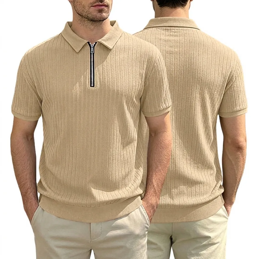 Men's Knitted Quarter Zip Polo Shirt Vertical Striped Short Sleeve Breathable Stretch Casual Polo Shirt Top For Summer