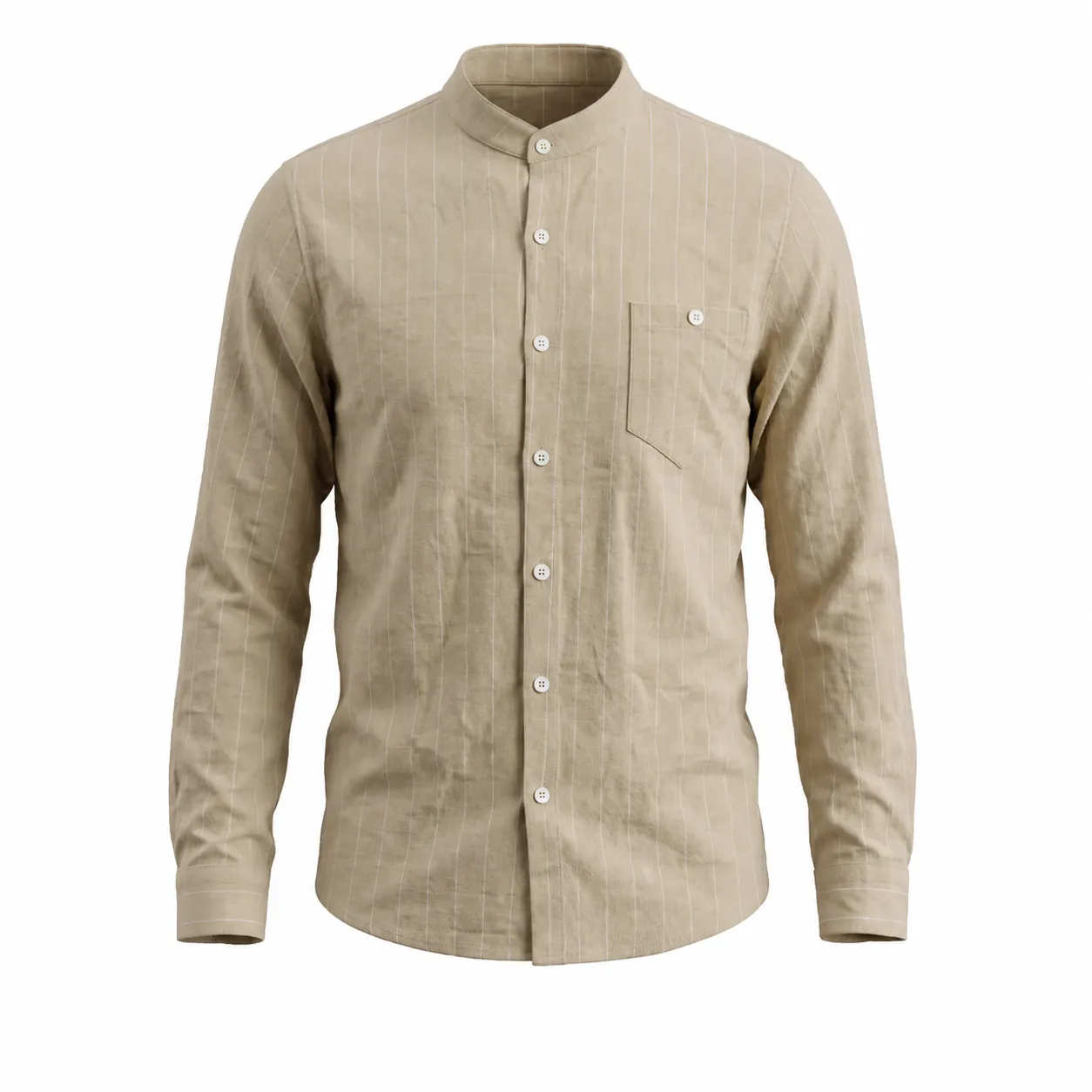 Men Linen Stand Collar Striped Shirt Casual Loose Fit Long Sleeve Beach Vacation Top American Style Breathable Button Down Top