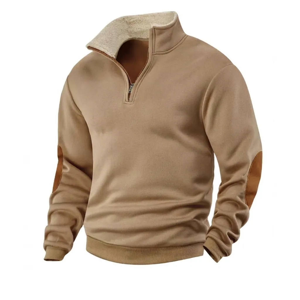 Men Retro Half Zip Pullover Hoodie Stand Collar Patchwork Long Sleeve Sweatshirt Sherpa Lined Collar Casual Fashion Top