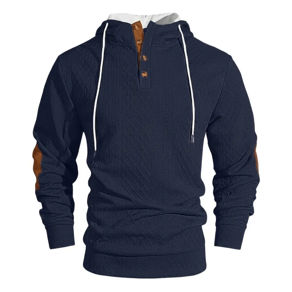 Herren Retro Jacquard Textur Hoodie Pullover Langarm Kontrast Ellbogen Patches Kordelzug Sweatshirt Für Casual Alltags Oberteil