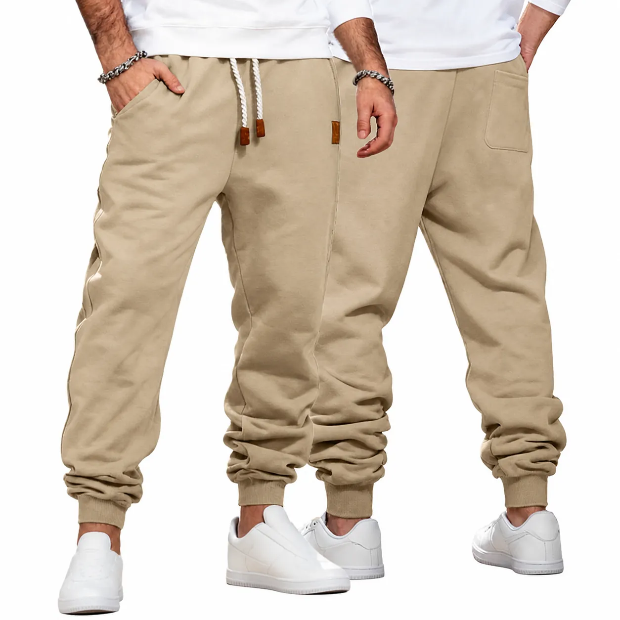 Men Cargo Joggers Drawstring Sweatpants Pocket Trousers Mid Waist Polyester Knitted Bottom For Sport Casual Athletic Soft Long Pants