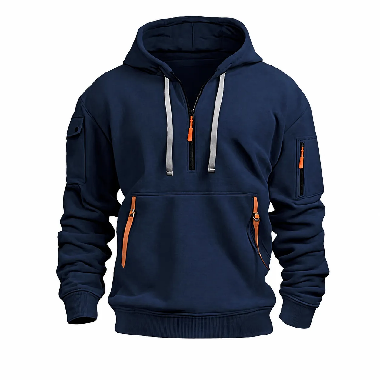 Herren Casual Halb-Reißverschluss Hoodie Fleece Gefüttert Outdoor Sport Pullover Sweatshirt Mit Kängurutasche Und Armtasche Kontrast Detail Top