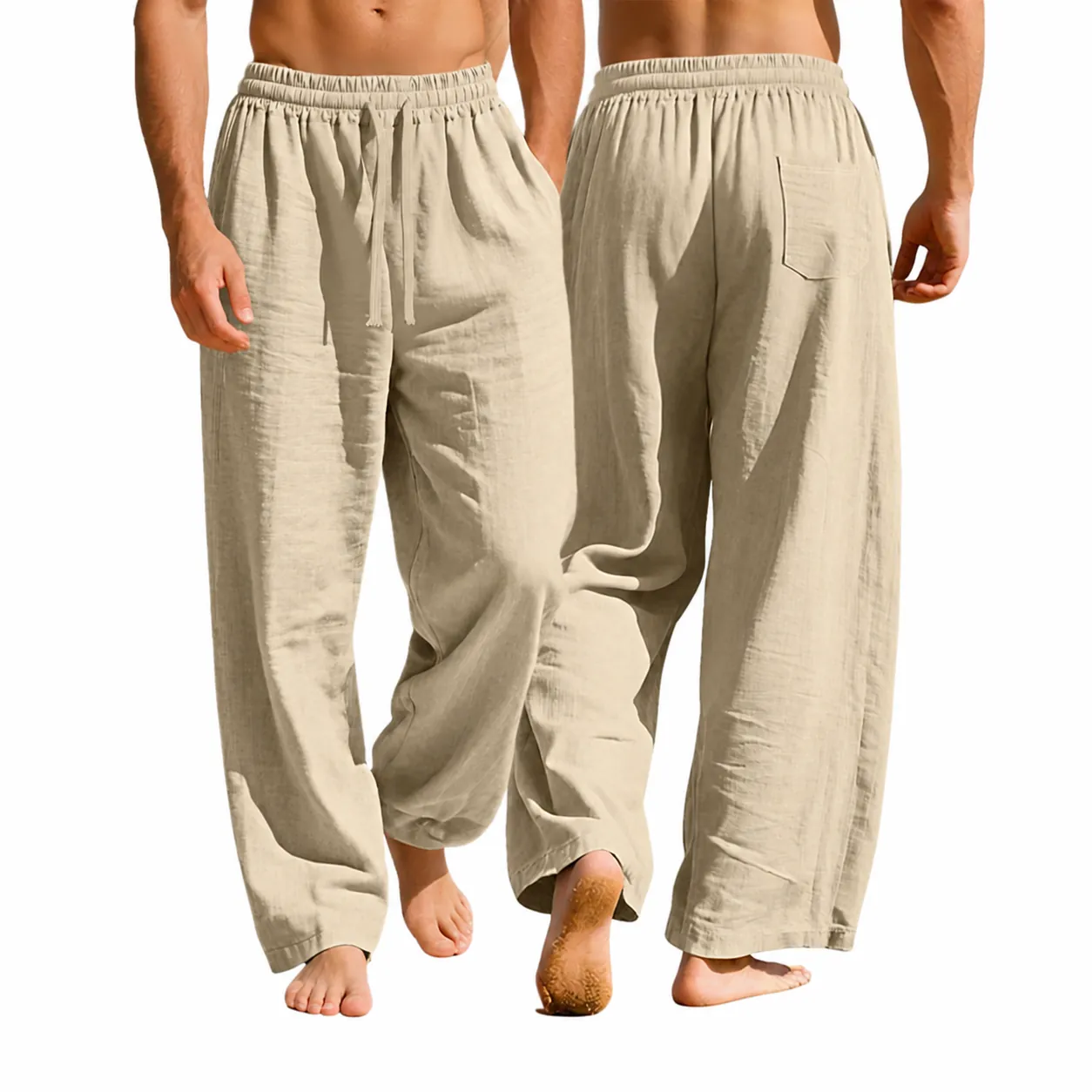 Herren Casual Leinenhose Locker Gerade Chinos mit Kordelzug Elastische Taille Atmungsaktiv Sommer Strandhose Große Größen