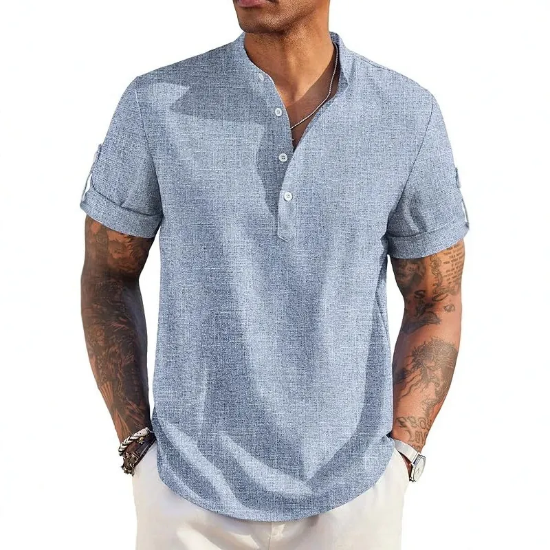 Camicia Henley da Uomo Slim Fit Collo Alto Manica Corta Casual Tinta Unita Top Estivo Camicia in Misto Fibre Sintetiche