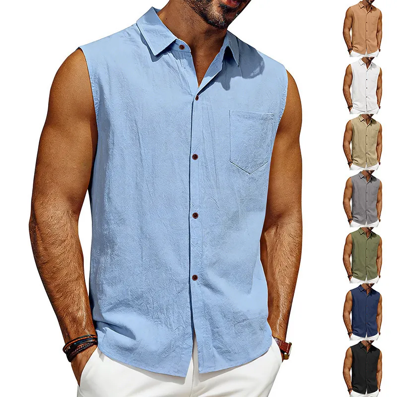 Men Sleeveless Linen Shirt Turn Down Collar Button Up Breathable Solid Color Summer Casual Vacation Beach Top With Pocket