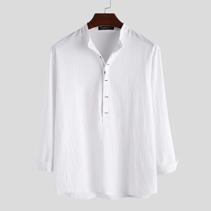 Men Casual Cotton Shirt Solid Color Stand Collar Long Sleeve Henley Shirt Slim Fit Breathable Patchwork Top For Daily Wear