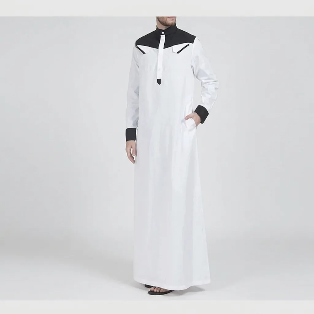 Men Ethnic Thobe Robe Color Block Patchwork Long Sleeve Stand Collar Fashion Loose Fit Muslim Jubba Arabic Kaftan Robe