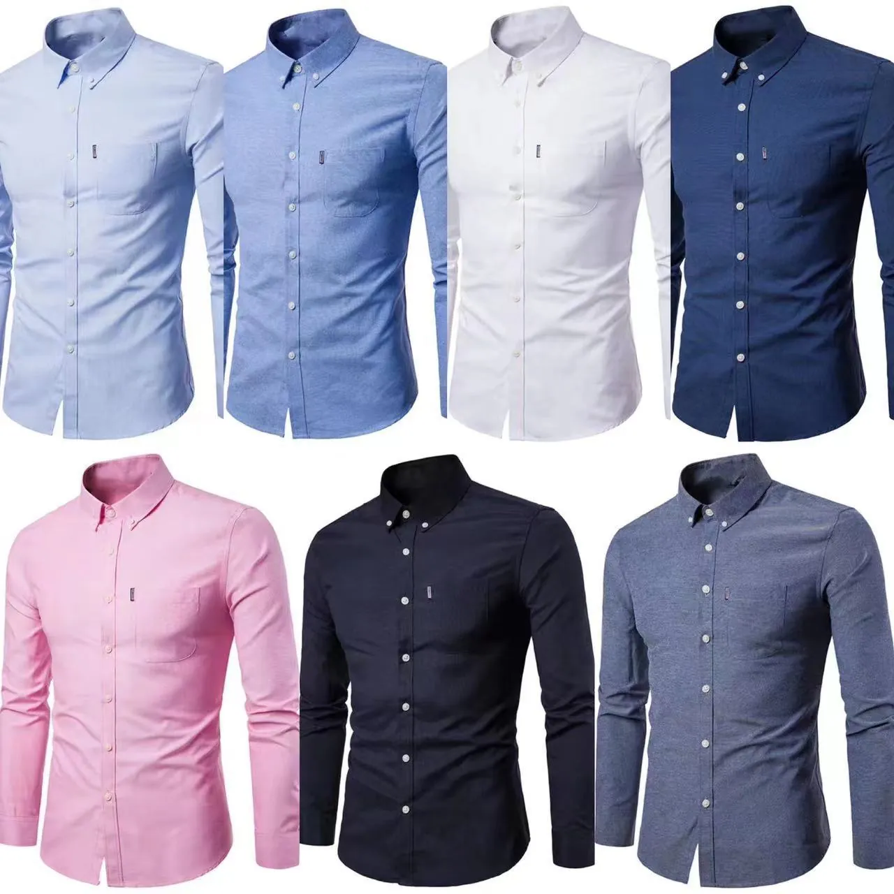 Camisa Oxford Ajustada de Manga Larga para Hombre Casual Sin Planchado con Cuello de Botones Mezcla de Algodón Color Sólido Business