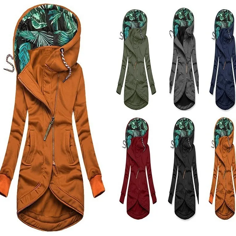 Women Full Zip Up Hoodie Jacket Solid Color Long Sleeve Sweatshirt With Tropical Leaf Print Lining Asymmetric Hem Top