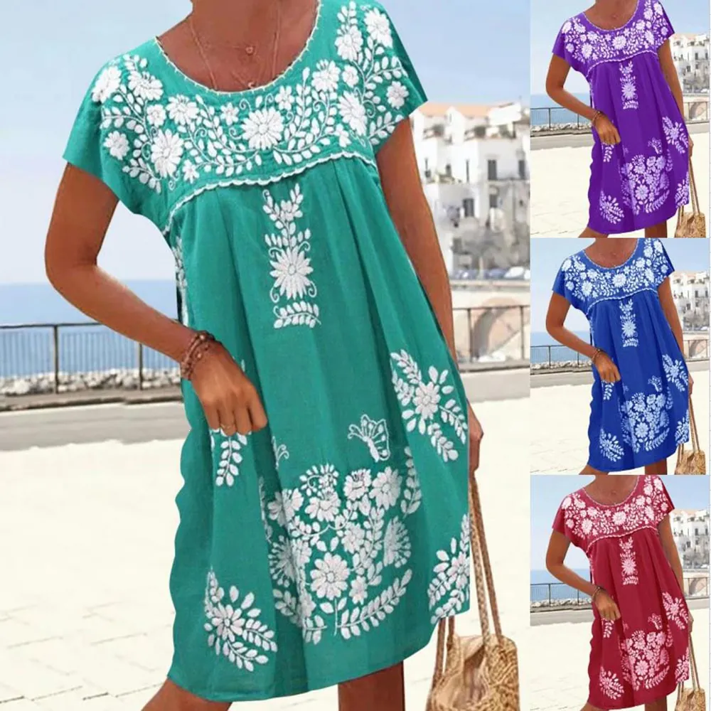 Women Ethnic Floral Printed Dress Round Neck Cap Sleeve Summer Casual Bohemian Style Loose Fit Midi Dress Plus Size