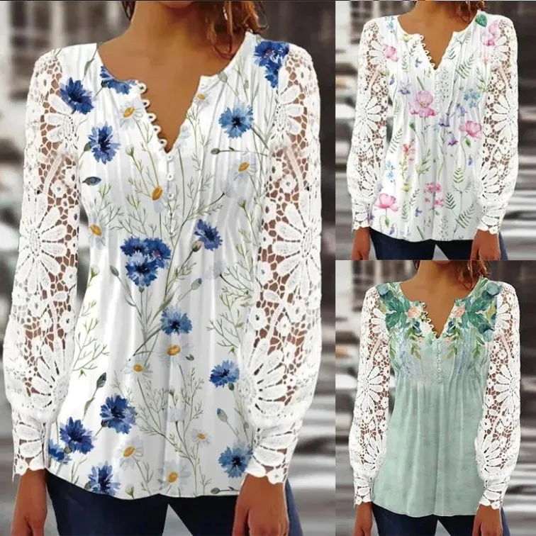 Camiseta de Manga Larga para Mujer con Cuello en V y Patchwork de Encaje Estampado Floral Botones Decorativos Top de Moda Casual para Primavera Verano