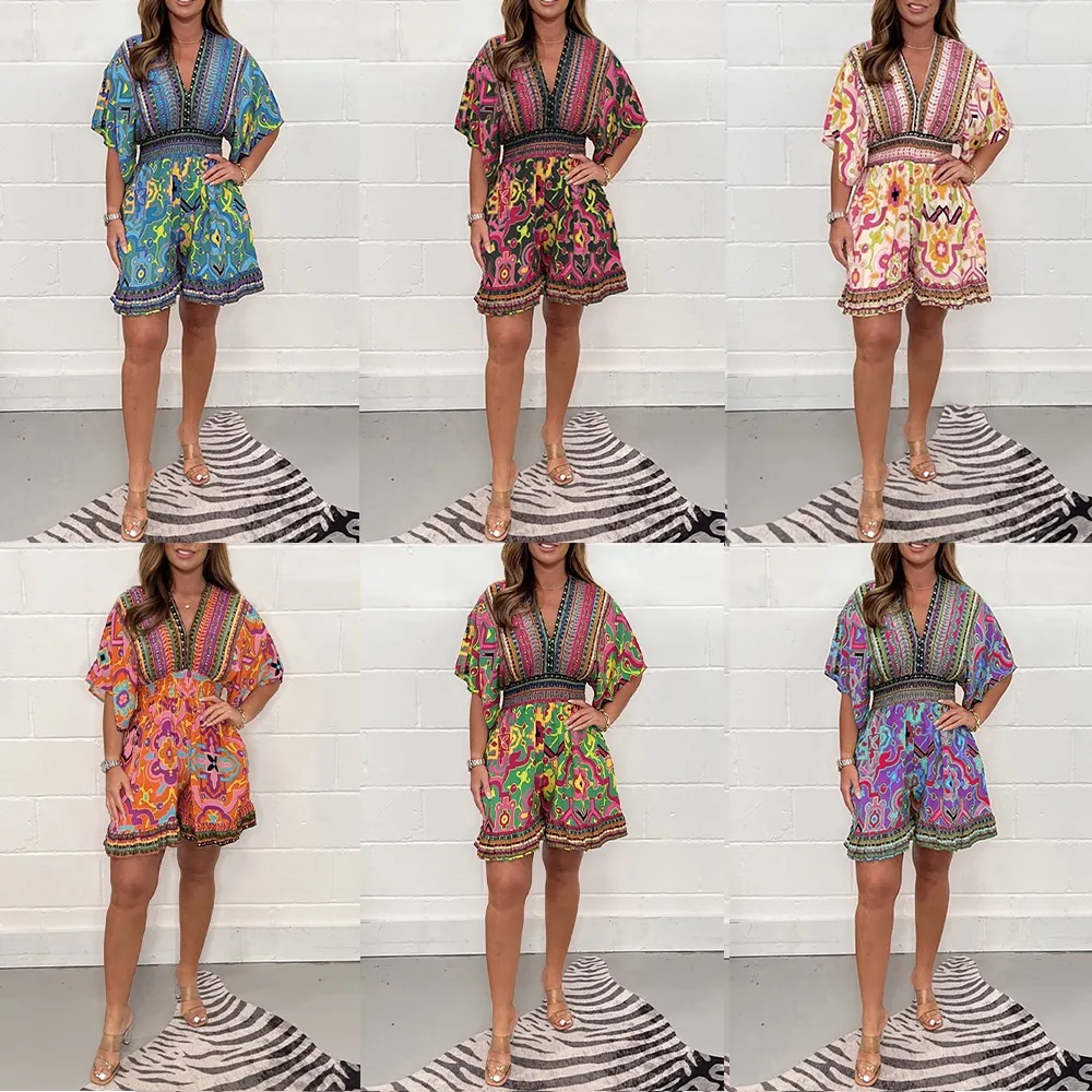 Women Rayon Ethnic Printed V Neck Romper Short Sleeve Top And Bottom Summer Floral Jumpsuit Casual Loose Ruffle Playsuit