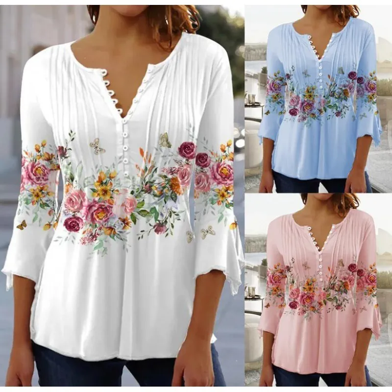 Women V Neck Floral Print Top Casual Short Sleeve Button Pleated T-Shirt Polyester Ruffle Cuff Fashion Blouse For Summer