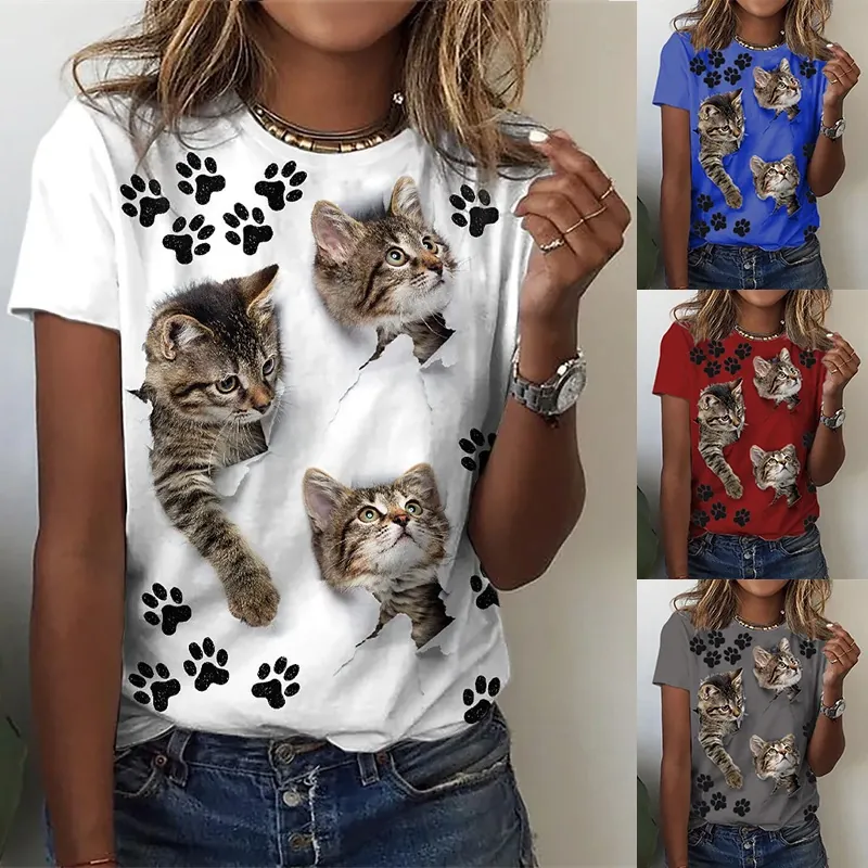 Women 3D Cat Animal Print T-Shirt Casual Round Neck Short Sleeve Polyester Top Summer Fashion Graphic Tee For Daily Wear