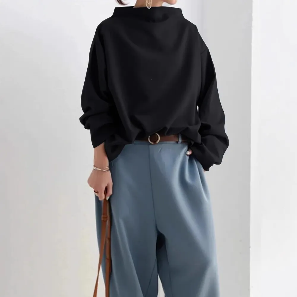 Women Casual Loose Funnel Neck Sweatshirt Long Sleeve Solid Color Pullover Top Soft Base Layer T-Shirt For Daily Streetwear