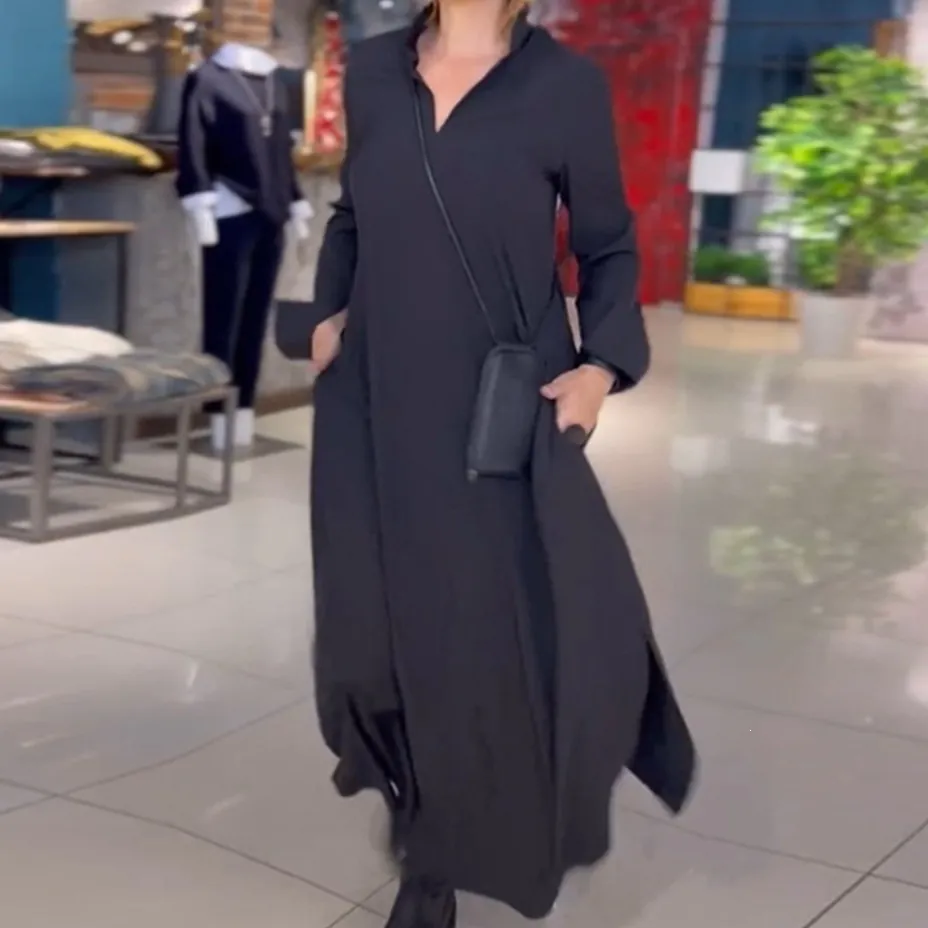 Casual V-Neck Long Sleeve Maxi Dress For Women Polyester Spandex Solid Color Side Split Dress With Pockets Daily Comfort