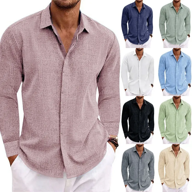 Men's American Retro Solid Color Long Sleeve Shirt Loose Linen Look Polyester Button Down Top For Casual Daily Wear