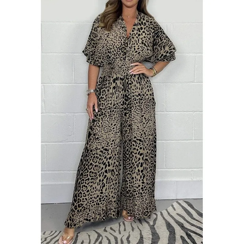 Women's Casual Leopard Print Jumpsuit V-Neck Ruffle Sleeve Wide Leg Viscose Top And Bottom Fashion Elegant Jumpsuits