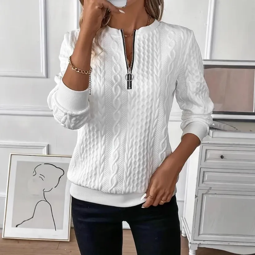 Women Casual Cable Knit Padded Pullover Hoodie Quarter Zip Long Sleeve Top Ribbed Cuff Solid Color Warm Sweatshirt