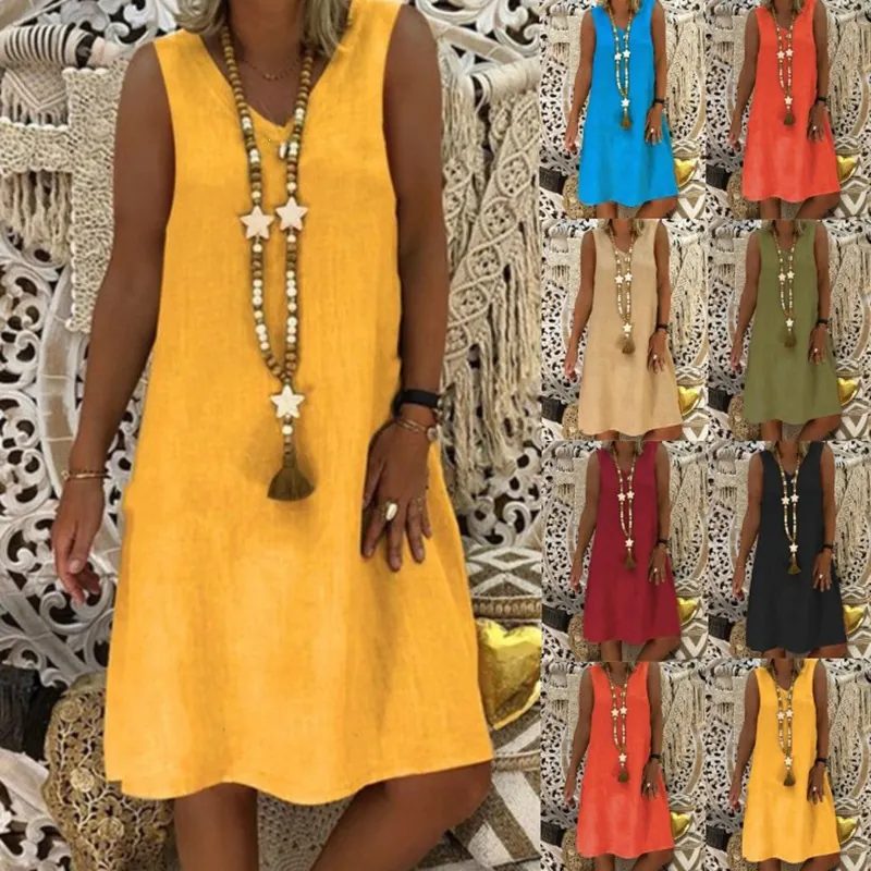 Women's Summer V-Neck Sleeveless Cotton Dress Casual A-Line Patchwork Solid Color Midi Vacation Sundress Top And Bottom