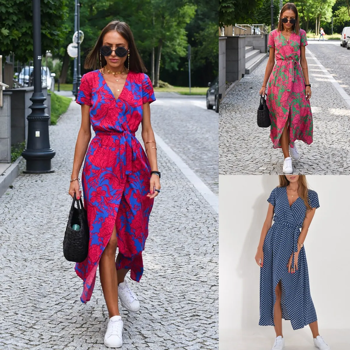 Robe Midi à Fleurs Col en V Femme Été Manches Courtes Fente Haute Lien à Nouer Décontracté Streetwear Coupe Trapèze