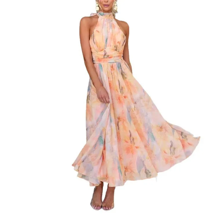 Robe Maxi Couleur Dopamine Style Français pour Femmes Vacances à la Plage Fleurs Peinture à l'Huile Dos Nu Halter Coupe Slim Robe de Fée