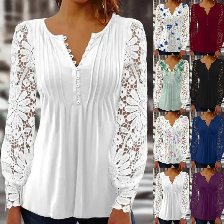 Women V-Neck Pleated T-Shirt Lace Patchwork Sleeve Long Short Sleeve Casual Top Floral Print Buttons Base Layer Tee