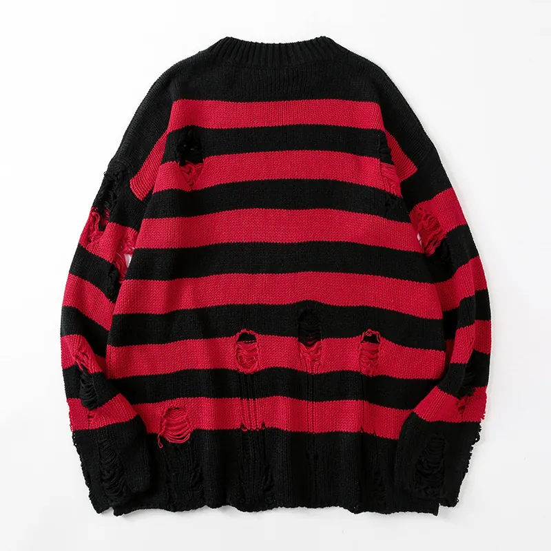 Herren Japanischer Retro Gestreifter Distressed Strickpullover Lässig Oversized Zerrissener Top Für Paare Streetwear Winterpullover