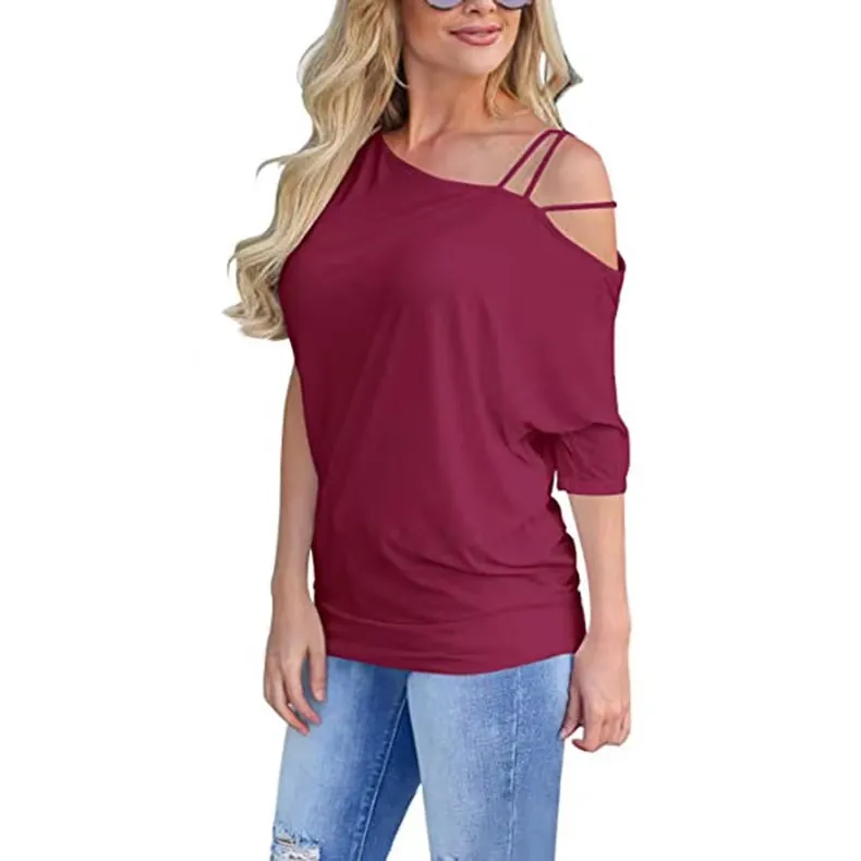 Women's Summer V-Neck Short Sleeve Cold Shoulder T-Shirt Casual Loose Modal Basic Tops Fashion Solid Color T-Shirt