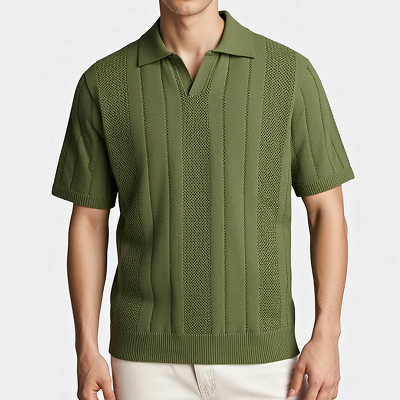 Men's Casual Short Sleeve Knitted Polo Shirt Hollow Out Texture Lapel V-Neck Knitted Top Summer Breathable Jacquard T-Shirt