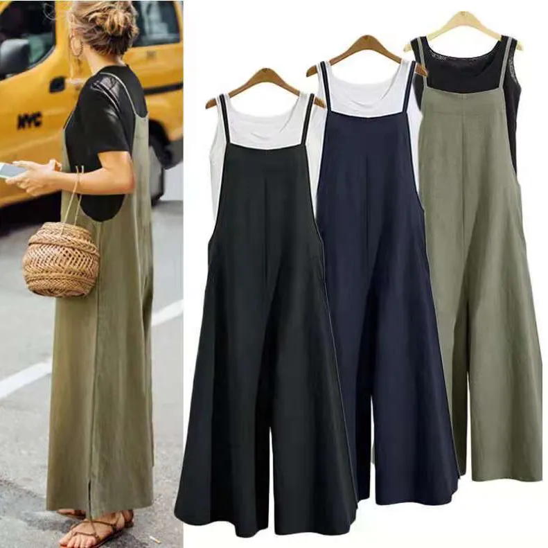 Women Loose Casual Wide Leg Jumpsuit Sleeveless Spaghetti Strap Solid Color One Piece Romper With Pockets Summer Fashion Outfits