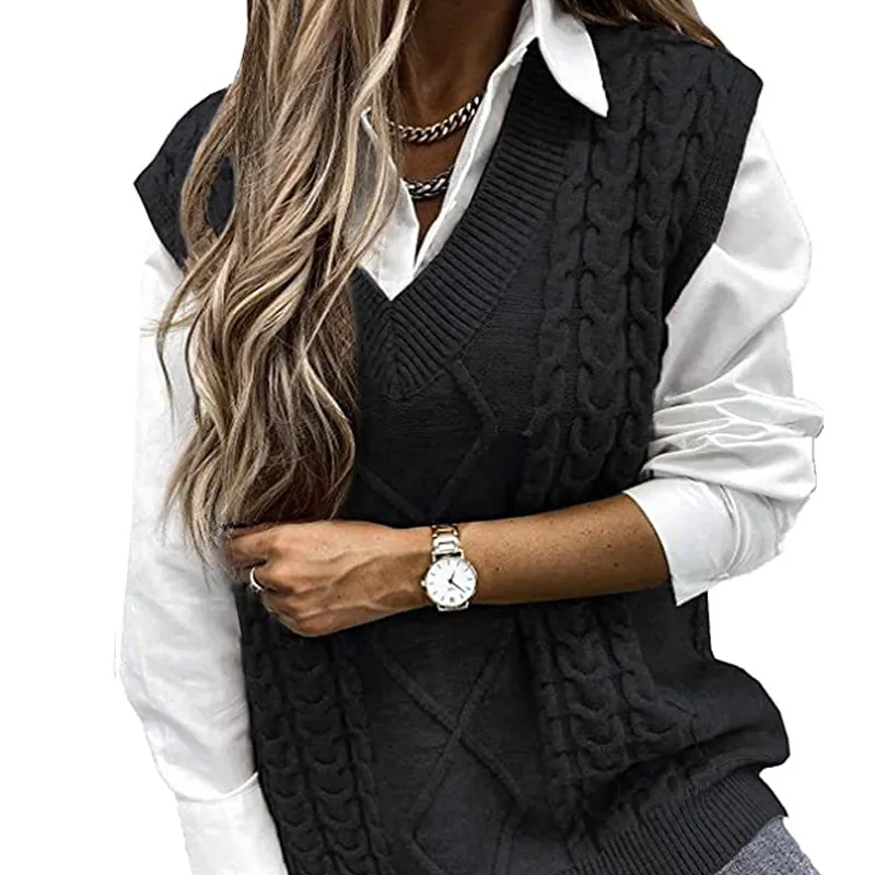 Gilet Pull en Tricot à Torsades Sans Manches Col en V pour Femmes Haut en Tricot Décontracté pour Automne Hiver
