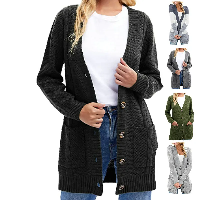 Women Mid-Length Knit Cardigan V-Neck Long Sleeve Button Down Sweater Outerwear With Pockets Acrylic Blend Jacquard Casual Autumn Coat Top