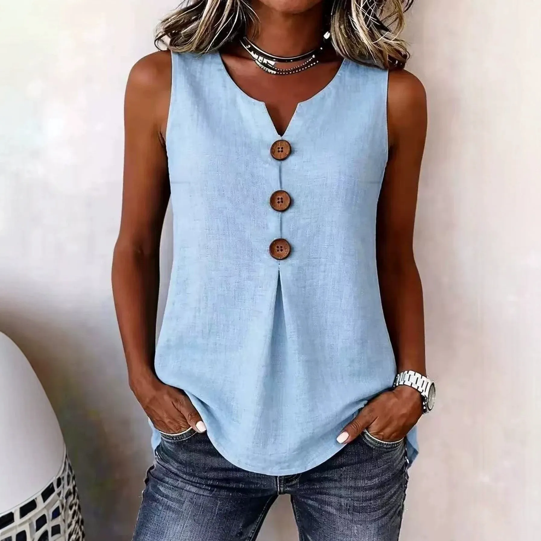 Women's Casual Cotton Linen Polyester V-Neck Sleeveless Tank Top Solid Color Pleated Button Decoration Summer Top And Bottom