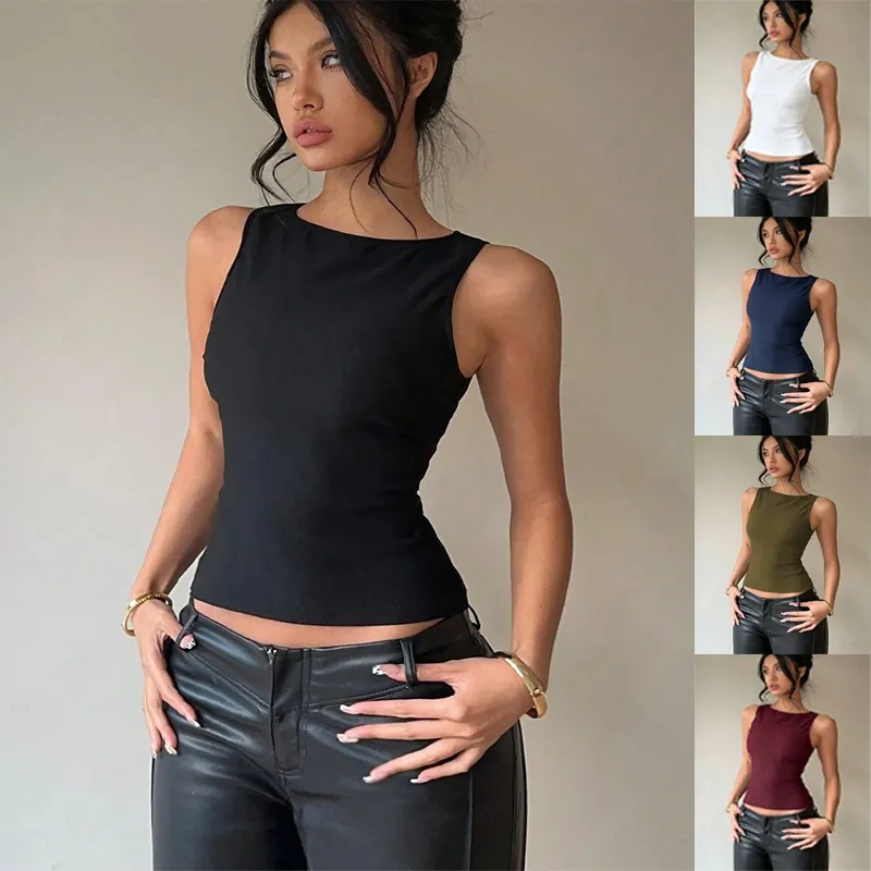 Women Sexy Backless Bow Tie Slim Fit Sleeveless Tank Top Solid Color Comfy Ribbed Summer Vest Top For Commuting Casual Wear