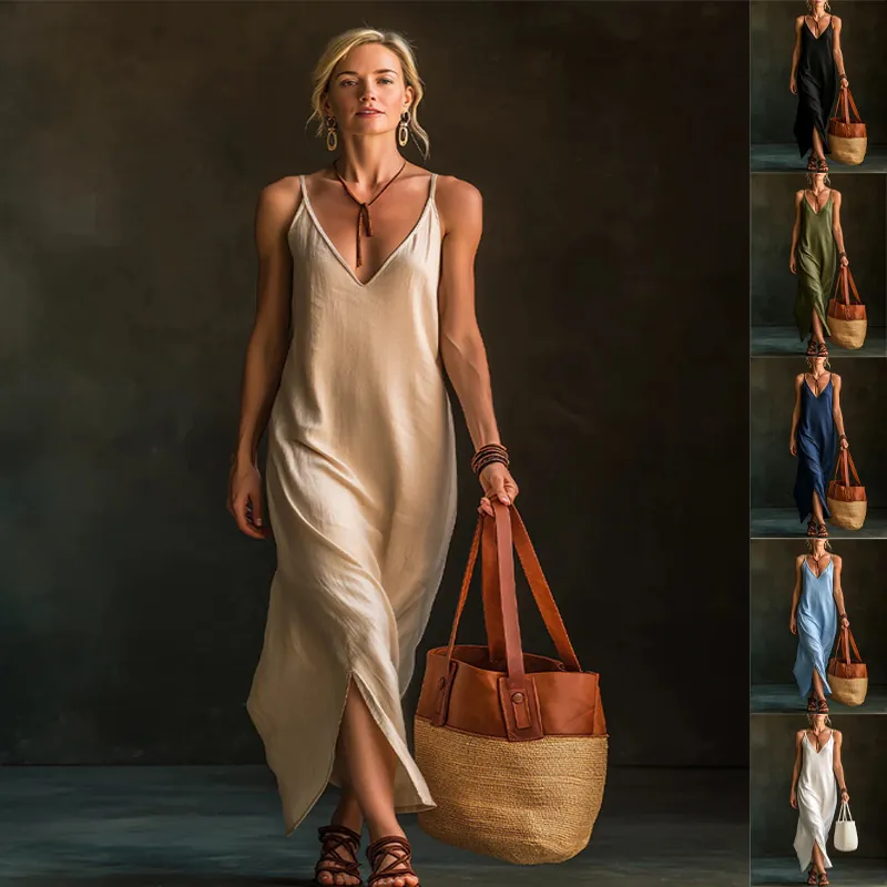 Women V Neck Spaghetti Strap Maxi Dress Sleeveless Side Slit Loose Resort Style Solid Color Polyester Cami Dress
