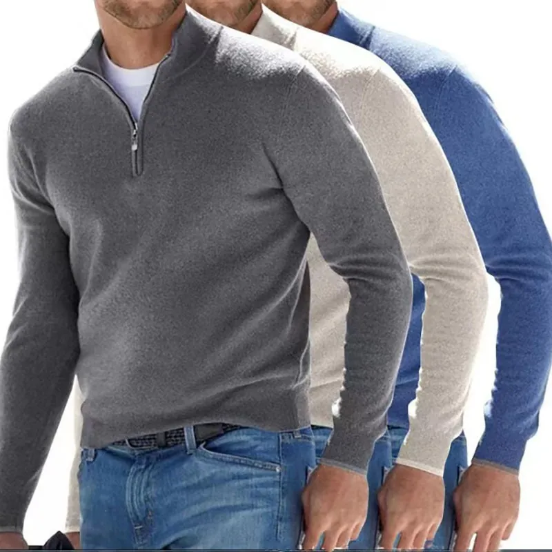 Men's Casual Wool Blend Quarter Zip Knit Polo Sweater Long Sleeve Stand Collar Pullover Top Knitwear