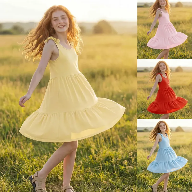 Girls Summer Fashion Simple Solid Color Lace-up Strap Dress Sleeveless Tiered Polyester Sundress For Kids Sweet Princess Style