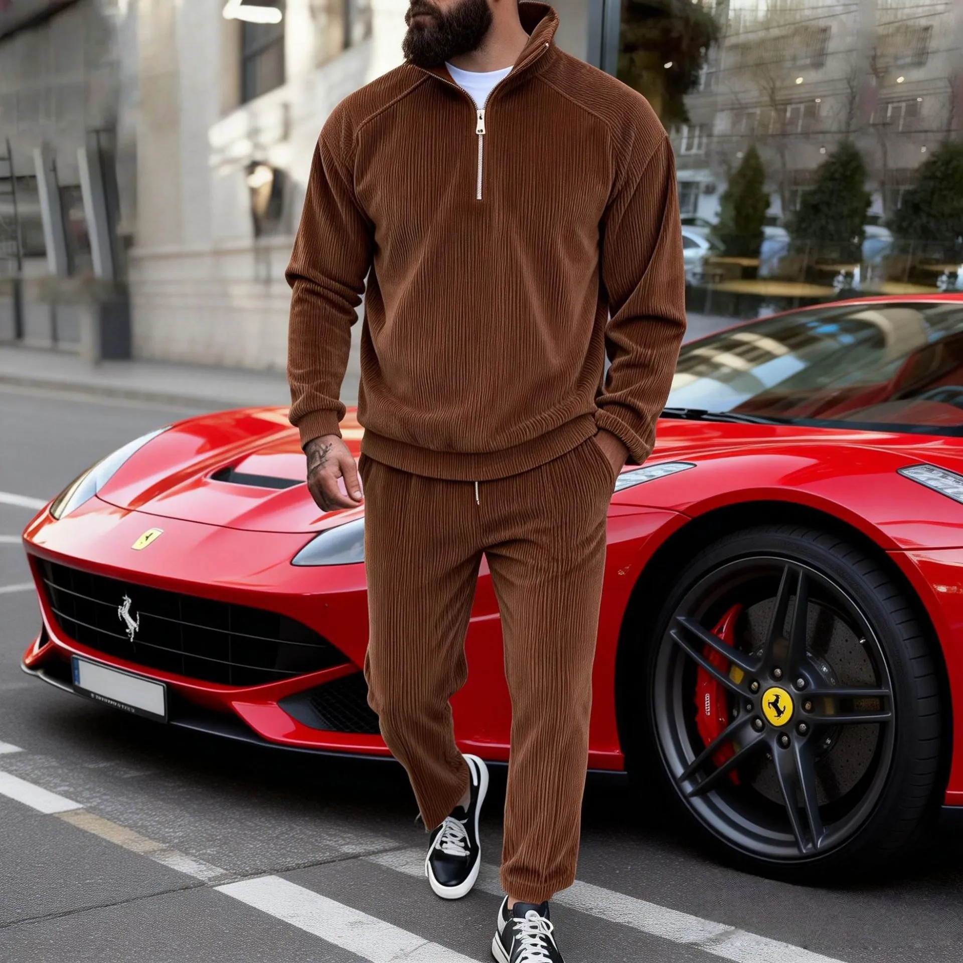 Men Corduroy Tracksuit Set Fleece Lined Stand Collar Half-Zip Sweatshirt Top And Bottom Casual Urban Sweatsuit For Winter